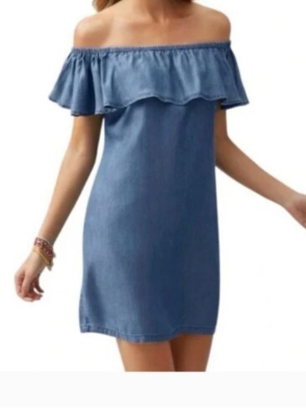 Tommy Bahama Denim-Blue Off-Shoulder Ruffle Mini Dress